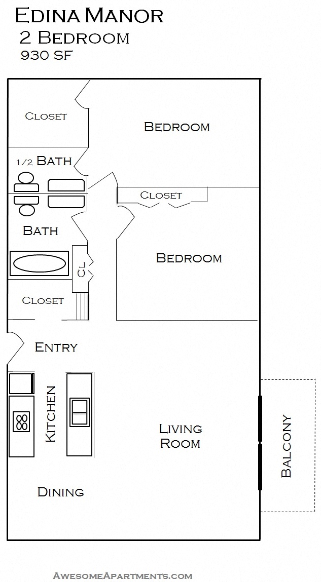 Floor plan for 2 beds, 1.5 baths, 936 sqft